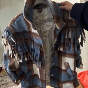 Plaid Fringe Jacket in Blue and Brown